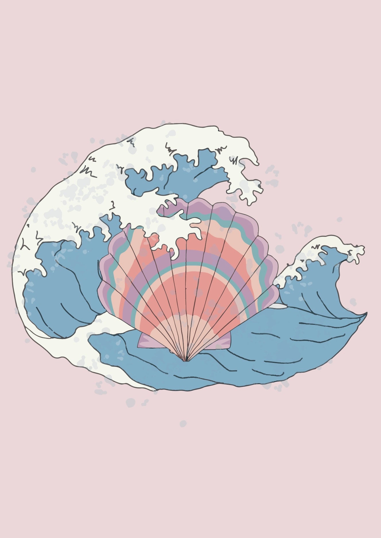 Sur un fond rose pale, une vague ressemblant à celle de Kanagawa enrobe un coquillage arc-en-ciel.